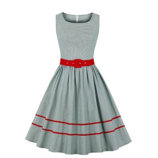 Fashion Light-green Square Collar Sleeveless Pinstripe Belt High Waist Summer Swing Dress N21333