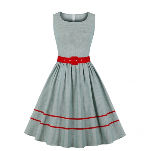 Fashion Light-green Square Collar Sleeveless Pinstripe Belt High Waist Summer Swing Dress N21333