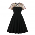 Retro Sheer Mesh Floral Embroidered Patchwork Heart-shaped Bodice High Waist A-line Dress N21332