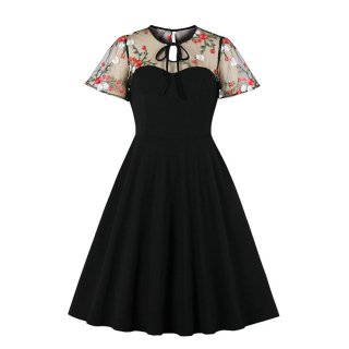 Retro Sheer Mesh Floral Embroidered Patchwork Heart-shaped Bodice High Waist A-line Dress N21332