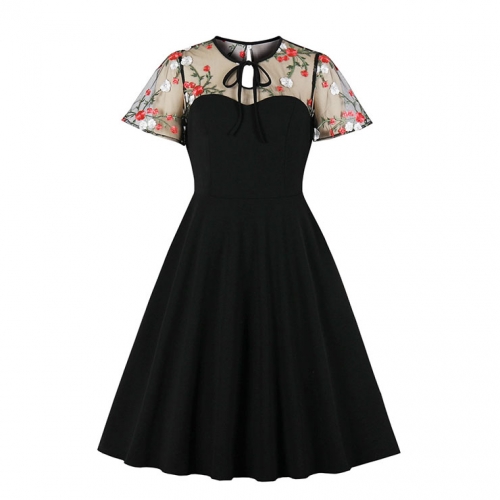 Retro Sheer Mesh Floral Embroidered Patchwork Heart-shaped Bodice High Waist A-line Dress N21332