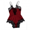 Sexy Rose-red Satin Lace Trim Spaghetti Strap Pajamas Teddy Bodysuit Lingerie N21330