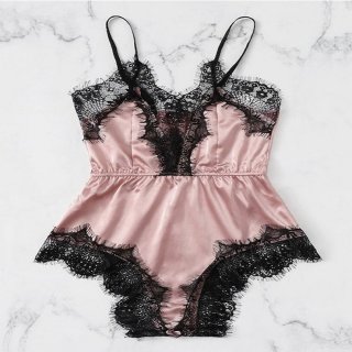 Plus Size Sexy Pink Satin Lace Trim Spaghetti Strap Pajamas Teddy Bodysuit Lingerie N21328