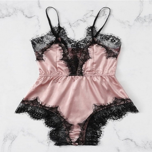 Plus Size Sexy Pink Satin Lace Trim Spaghetti Strap Pajamas Teddy Bodysuit Lingerie N21328