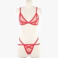 Sexy Red Sheer Mesh Spaghetti Straps Bra and Panties Bandage Stretchy Lingerie Set N21324
