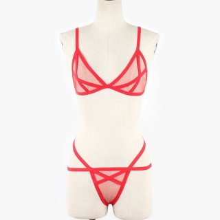 Sexy Red Sheer Mesh Spaghetti Straps Bra and Panties Bandage Stretchy Lingerie Set N21324