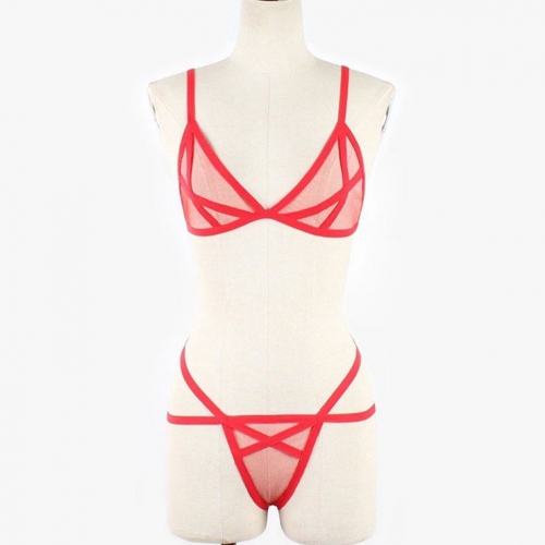 Sexy Red Sheer Mesh Spaghetti Straps Bra and Panties Bandage Stretchy Lingerie Set N21324