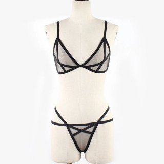 Sexy Black Sheer Mesh Spaghetti Straps Bra and Panties Bandage Stretchy Lingerie Set N21323