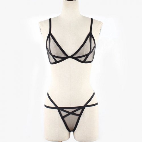 Sexy Black Sheer Mesh Spaghetti Straps Bra and Panties Bandage Stretchy Lingerie Set N21323