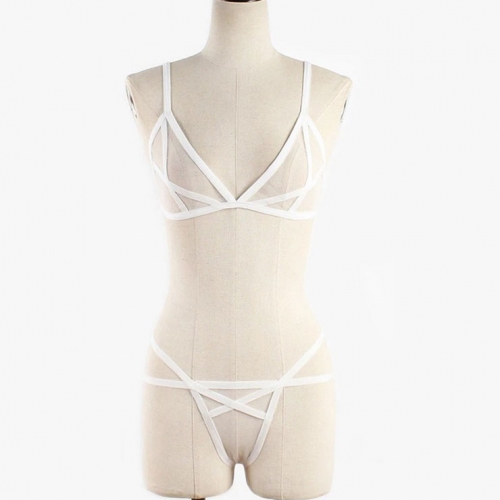 Sexy White Sheer Mesh Spaghetti Straps Bra and Panties Bandage Stretchy Lingerie Set N21322
