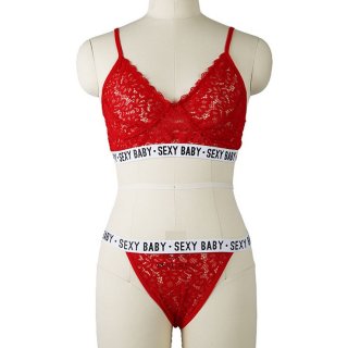 Sexy Red Floral Lace Spaghetti Straps Stretch Letters Underwear Two Pieces Lingerie Set N21274