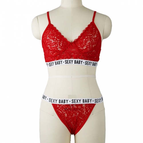 Sexy Red Floral Lace Spaghetti Straps Stretch Letters Underwear Two Pieces Lingerie Set N21274