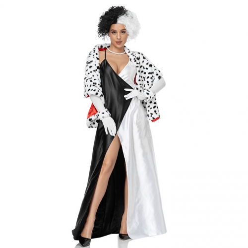 4pcs Sexy Black And White Dalmatians Split Fork Sling Dress Cosplay Halloween Costume N21268