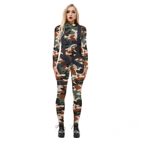 New Product Camouflage 3D Printed High Neck Long Bodycon Jumpsuit Halloween Costume N21250