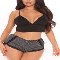 Sexy Black Spaghetti Strap Low Cut Bra Top and Lace Trim Striped Panty Lingerie Set N21236