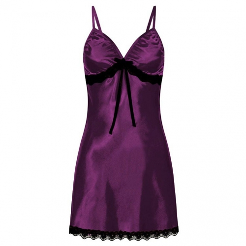 Sexy Purple Spaghetti Straps Low-cut Black Lace Trim Bow Babydoll Nightwear Lingerie N21224