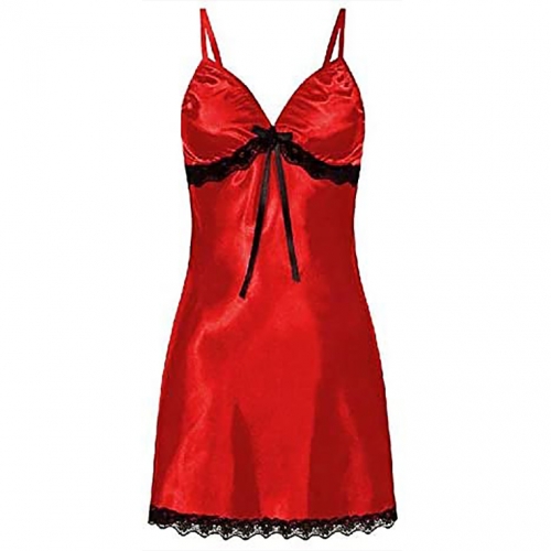 Sexy Red Spaghetti Straps Low-cut Black Lace Trim Bow Babydoll Nightwear Lingerie N21223