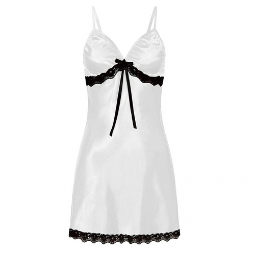 Sexy White Spaghetti Straps Low-cut Black Lace Trim Bow Babydoll Nightwear Lingerie N21222