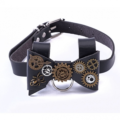 Steampunk Black PU Bow Tie Bowknot Personality Gear Adjustable Necklace Accessories J21212
