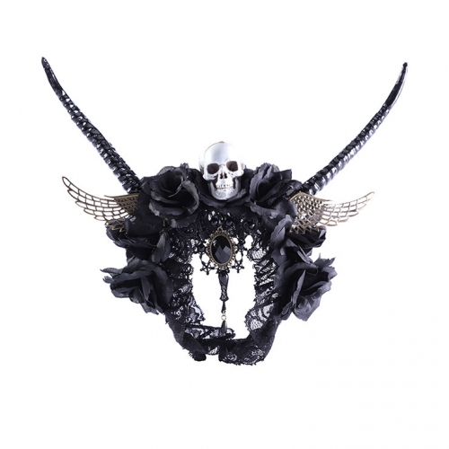 Gothic Lace Rose Antelope Horn Angel Wings Skull Halloween Party Hair Band Accessory N21210