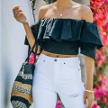 Fashion Black Off Shoulder Ruffle Short Sleeve High Waist Elastic Force Summer Tops N21195
