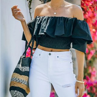 Fashion Black Off Shoulder Ruffle Short Sleeve High Waist Elastic Force Summer Tops N21195
