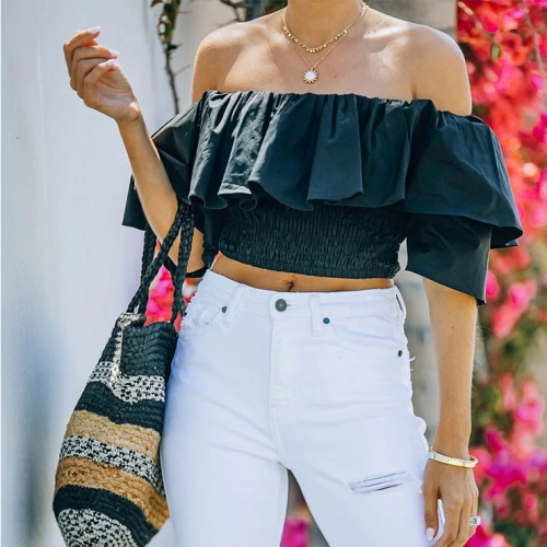 Fashion Black Off Shoulder Ruffle Short Sleeve High Waist Elastic Force Summer Tops N21195