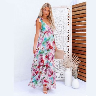 Sexy Tie Dye Print Lace-up Shoulder Straps V Neck Backless Fungus Trim Swing Maxi Dress N21190