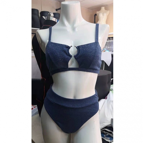 Sexy Navy-blue Spaghetti Straps Hollow Out Ring Beachwear High Waist Bikini Set BK21159