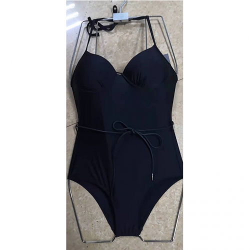 Sexy Black Halter Lace-up Tummy Control High Waist One-piece Swimsuit BK21152