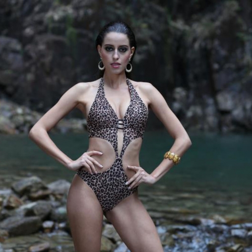 Hot Sexy Leopard Print Halter Neck Low Cut Hollow Out Backless One-piece Swimsuit BK21137
