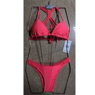 Sexy Rose-red Halter Type Bandage Knot Bra Top Beachwear Three-Point Bikini Set BK21124
