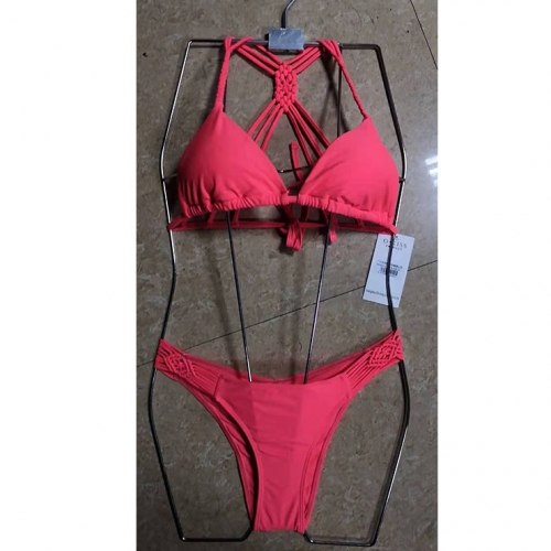 Sexy Rose-red Halter Type Bandage Knot Bra Top Beachwear Three-Point Bikini Set BK21124