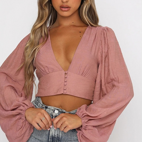 Fashion Casual Dark-pink Cotton Deep V Neck Lantern Sleeve High Waist Elastic Crop Top N21112
