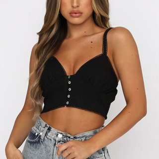 Sexy Black Spaghetti Straps V Neck Button Camisoles Embroidered Lace Stitching Slim Crop Top N21109