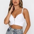 Sexy White Spaghetti Straps V Neck Button Camisoles Embroidered Lace Stitching Slim Crop Top N21108