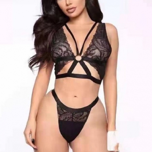 Sexy Black Strappy Bandage Lace Bra and Thong Tight-fitting Lingerie Set N21000