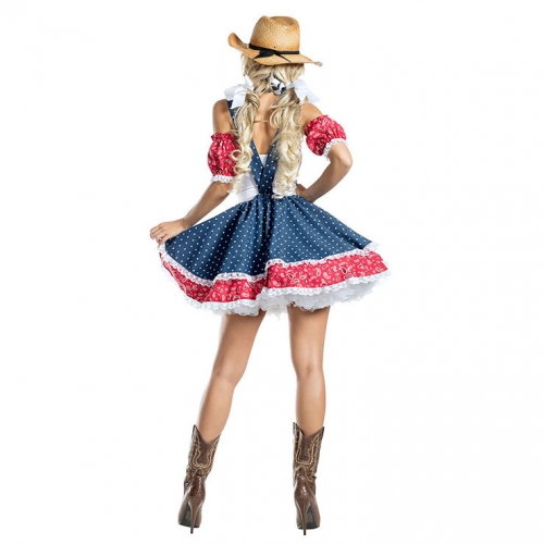 Sexy Cowboy Girl Polka Dots Suspenders Mini Dress Adult Cosplay Costume With Hat N20988