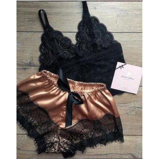 2Pcs Sexy Sheer Floral Lace Three-point Bra And Champagne Satin Panty Split Pajamas Suit N20975