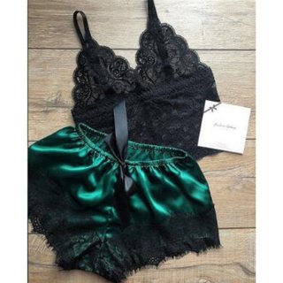2Pcs Sexy Sheer Floral Lace Three-point Bra And Green Satin Panty Split Pajamas Suit N20974