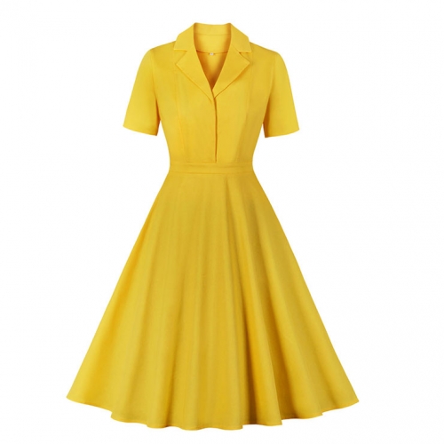 Retro Hepburn Solid Color Lapel Short Sleeve High Waist Midi Swing Dress N20966 Retro Hepburn Solid Color Lapel Short Sleeve High Waist Midi Swing Dress N20966