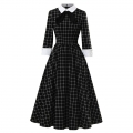 Retro Lapel Tie Half Sleeve Plaid Print Party A-line Swing Dress N20964