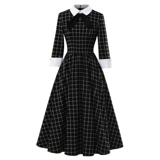 Retro Lapel Tie Half Sleeve Plaid Print Party A-line Swing Dress N20964