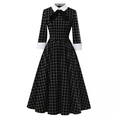 Retro Lapel Tie Half Sleeve Plaid Print Party A-line Swing Dress N20964