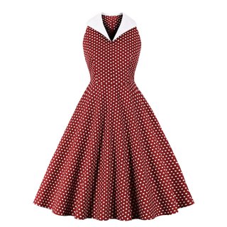 Sexy Palace Wind Lapel Sleeveless Slim Waist Polka Dots Print Summer A-line Dress N20957