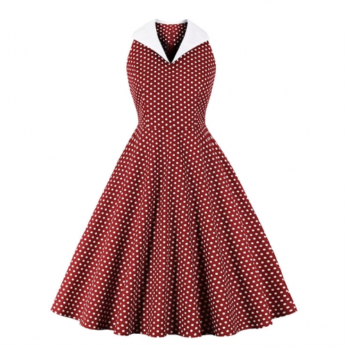 Sexy Palace Wind Lapel Sleeveless Slim Waist Polka Dots Print Summer A-line Dress N20957