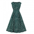 Sexy Dark-green Round Neck Sleeveless Slim Waist Polka Dots Print Summer A-line Dress N20940