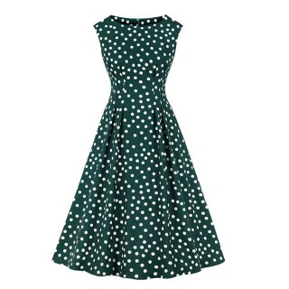 Sexy Dark-green Round Neck Sleeveless Slim Waist Polka Dots Print Summer A-line Dress N20940