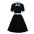 1950's Vintage Tie Collar Half Sleeve High Waist Belted A-line Party Midi Dress N20936