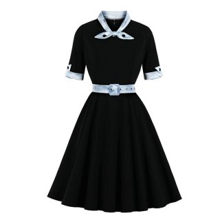 1950's Vintage Tie Collar Half Sleeve High Waist Belted A-line Party Midi Dress N20936